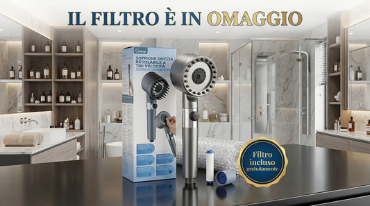 Soffione doccia con filtro, tubo e 5 cartucce, grigio